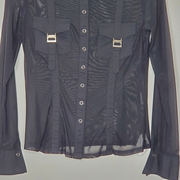 Bisou Bisou Sheer Black Top Size M Snap Front Buckle Pocket Shirt Cyber Goth - Picture 4 of 13
